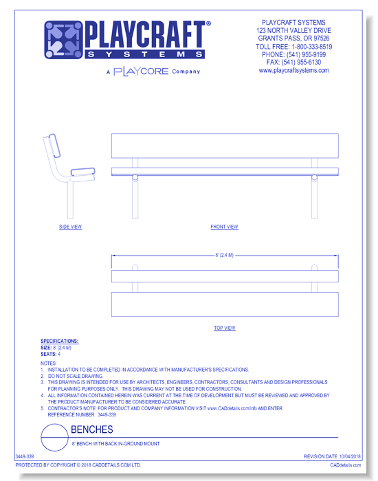 8' Bench with Back In-Ground Mount