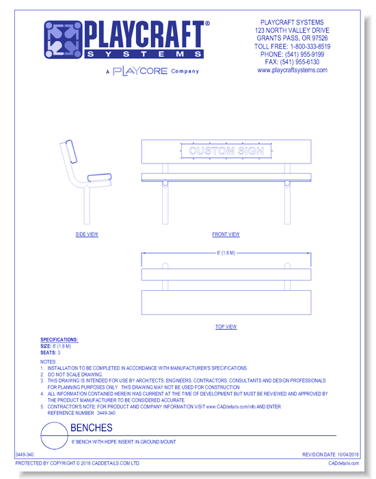 6' Bench with HDPE Insert In-Ground Mount