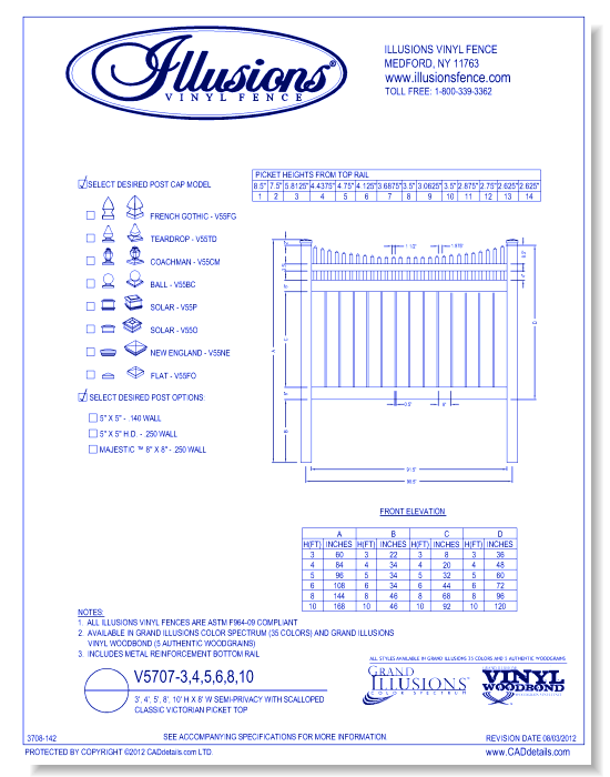 Semi-Privacy with Scalloped Classic Victorian Picket Top 3', 4', 5', 6', 8', 10' H X 8' W ( V5707 )