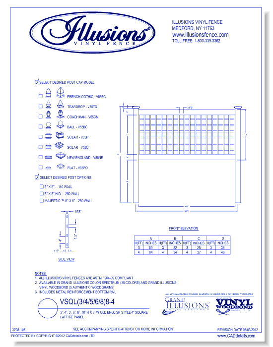 Old English Style 4" Square Lattice Pannel 3', 4', 5', 6', 8' H X 8' W ( VSQL )