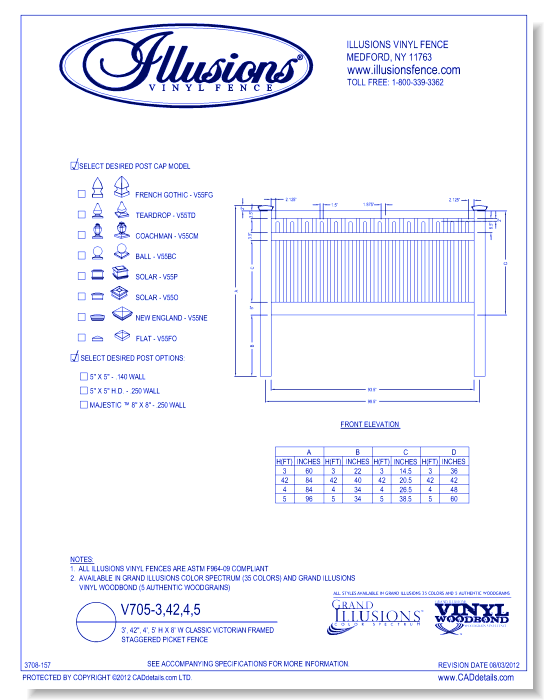Classic Victorian Framed Staggered Picket Fence 3', 42", 4', 5' H X 8' W ( V705 )