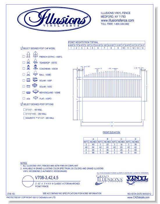 Classic Victorian Arched Picket Fence 3', 42", 4', 5' H X 8' W ( V708 )