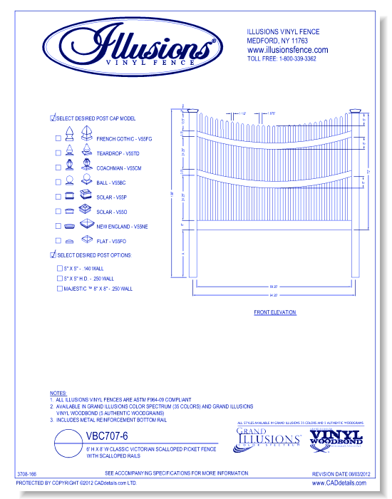 Classic Victorian Scalloped Picket Fence with Scalloped Rails 6' H X 8' W ( VBC707 )
