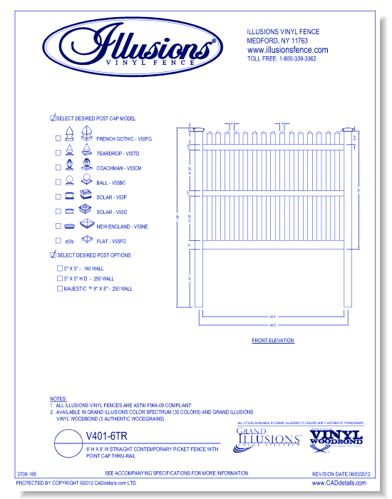 Straight Contemporary Picket Fence with Pointed Cap Thru-Rail 6' H X 8' W ( V401 )