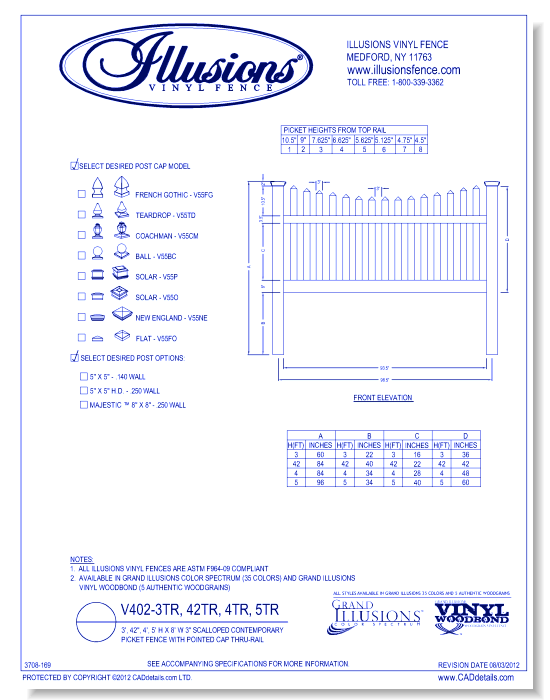 Scalloped Contemporary Picket Fence with Pointed Cap Thru-Rail 3', 42", 4', 5' H X 8' W 3" ( V402 )