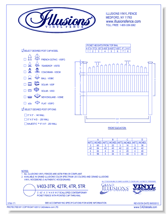 Scalloped Contemporary Picket Fence with Pointed Cap Thru-Rail 3', 42", 4', 5' H X 8' W 3" ( V403 )