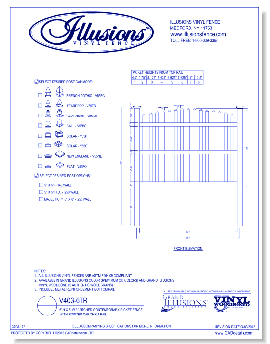 Arched Contemporary Picket Fence with Pointed Cap Thru-Rail 6' H X 8' W 3" ( V403 )