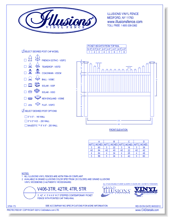 Stepped Contemporary Picket Fence with Pointed Cap Thru-Rail 3', 42", 4', 5' H X 8' W ( V406 )