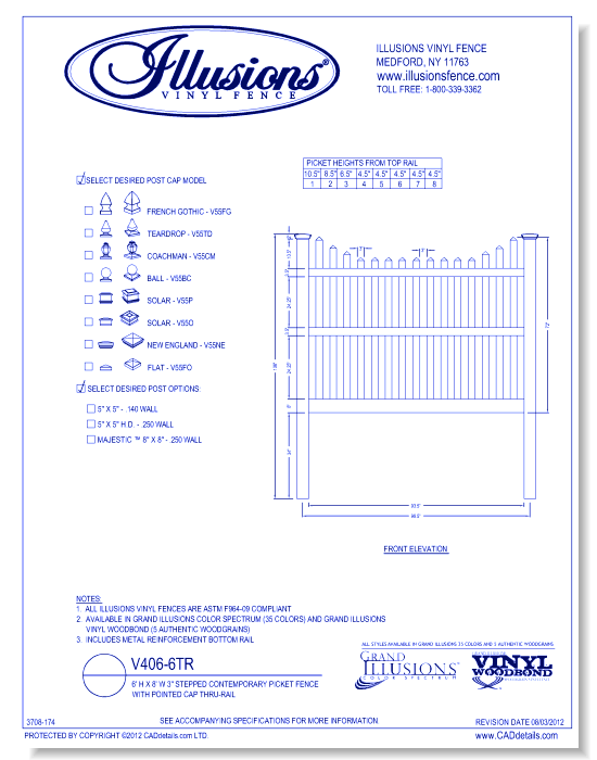 Stepped Contemporary Picket Fence with Pointed Cap Thru-Rail 6' H X 8' W 3" ( V406 )