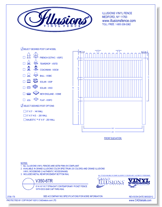 Straight Contemporary Picket Fence with Dog Ear Cap Thru-Rail 6' H X 8' W 3" ( V350 )