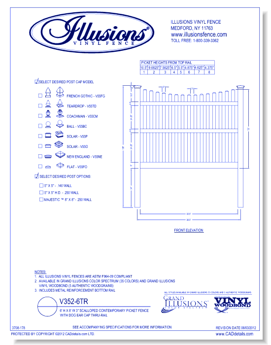 Scalloped Contemporary Picket Fence with Dog Ear Cap Thru-Rail 6' H X 8' W 3" ( V352 )