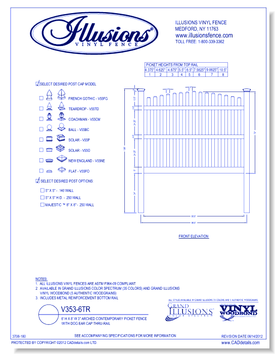Arched Contemporary Picket Fence with Dog Ear Cap Thru-Rail 6' H X 8' W 3" ( V353 )