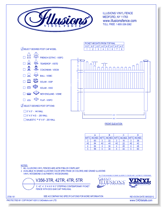 Stepping Contemporary Picket Fence with Dog Ear Cap Thru-Rail 3', 42", 4', 5' H X 8' W 3" ( V356 )