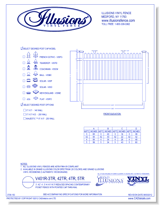 Reduced Spacing Contemporary Picket Fence with Pointed Cap Thru-Rail 3', 42", 4', 5' H X 8' W 3" ( V401R )