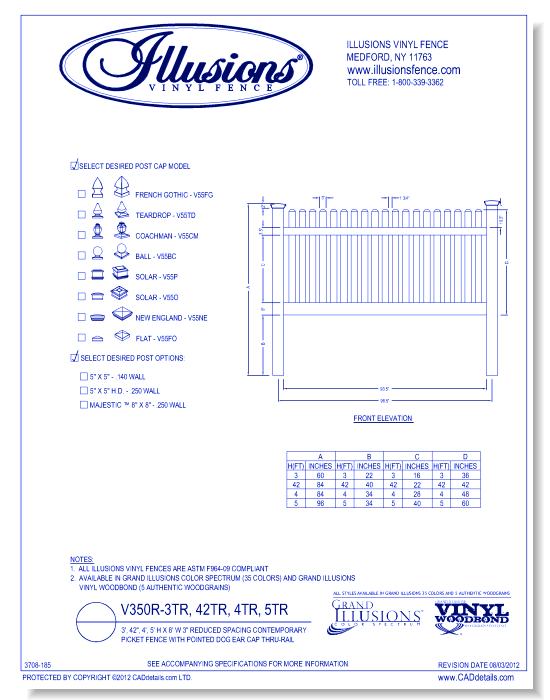 Reduced Spacing Contemporary Picket Fence with Pointed Dog Ear Cap Thru-Rail 3', 42", 4', 5' H X 8' W 3" ( V350R )
