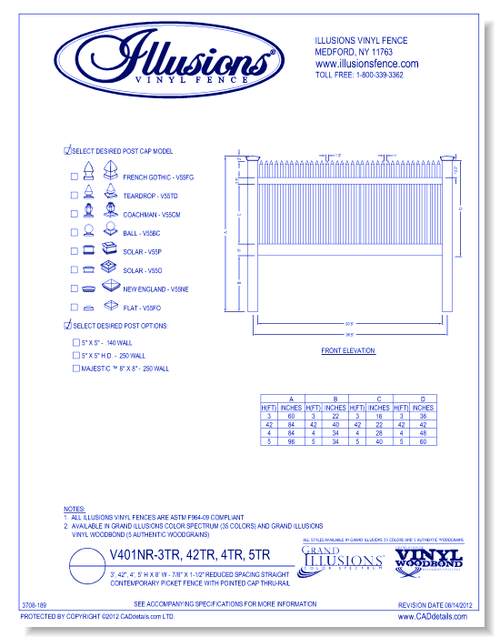 Reduced Spacing Straight Contemporary Picket Fence with Pointed Cap Thru-Rail 3', 42", 4', 5' H X 8' W - 7/8" X 1-1/2" ( V401NR )