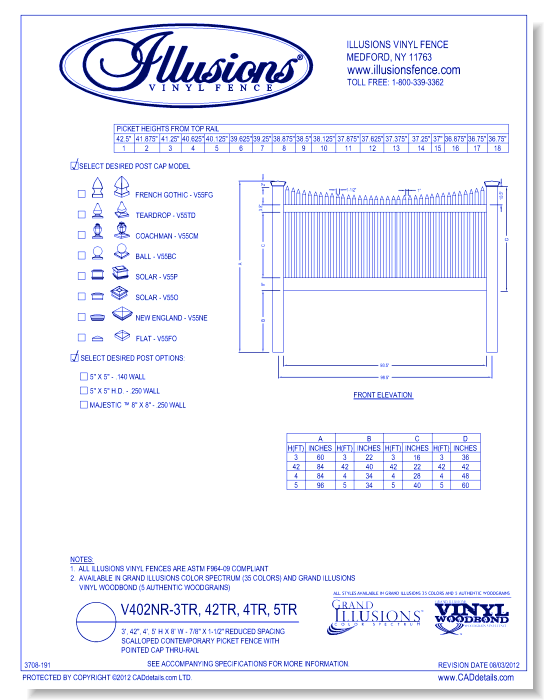 Scalloped Contemporary Picket Fence with Pointed Cap Thru-Rail 3', 42", 4', 5' H X 8' W - 7/8" X 1-1/2" ( V402NR )