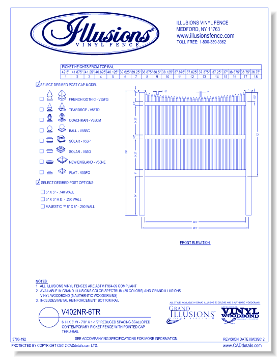 Reduced Spacing Scalloped Contemporary Picket Fence with Pointed Cap Thru-Rail 6' H X 8' W- 7/8" X 1-1/2" ( V402NR )