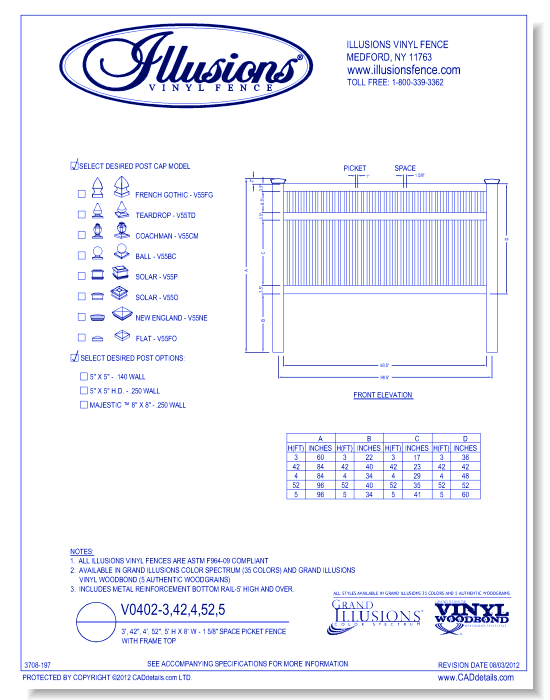 Space Picket Fence with Frame Top 3', 42", 4', 52", 5' H X 8' W - 1 5/8" ( V0402 )