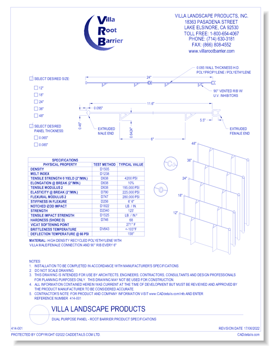 Dual Purpose Panel - Root Barrier Product Specifications