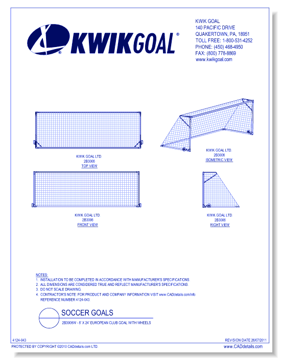 2B3006W - 8' X 24' European Club Goal with Wheels