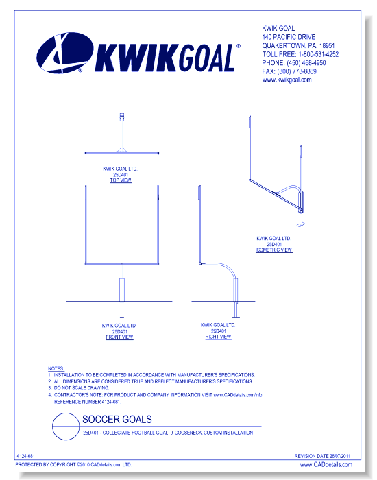 25D401 - Collegiate Football Goal, 9' Gooseneck, Custom Installation