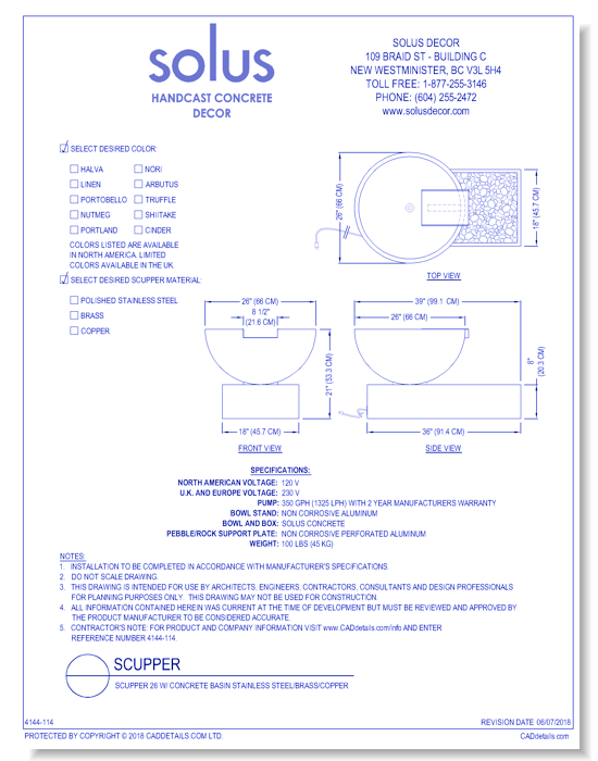 Scupper 26 W/ Concrete Basin - Stainless Steel/Brass