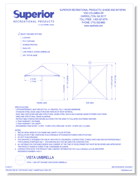 Vista - 3.5M/12ft Square Cantilever Umbrella