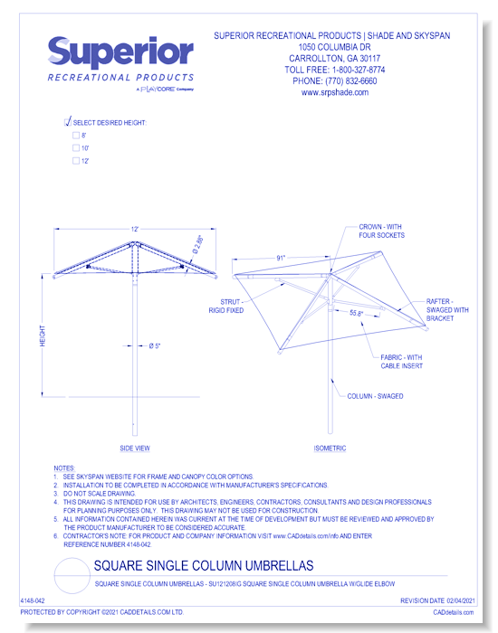 12' x 12' Square Umbrella with 8' Height, Glide Elbow™, and In-Ground Mount