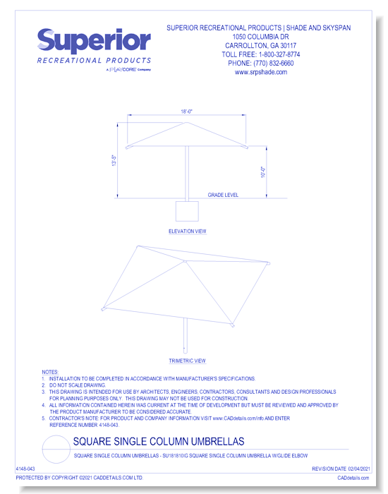 18' x 18' Square Umbrella with 8' Height, Glide Elbow™, and In-Ground Mount