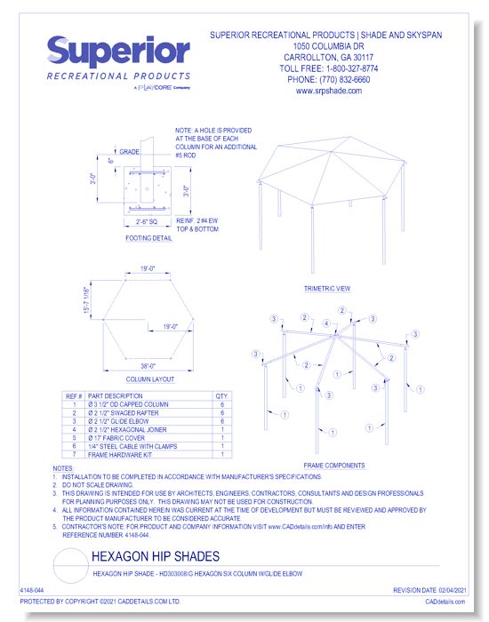 38' Hexagon Shade with 8' Height, Glide Elbow™, and In-Ground Mount