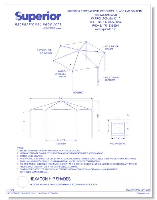 40' Hexagon Shade with 12' Height, Glide Elbow™, and In-Ground Mount