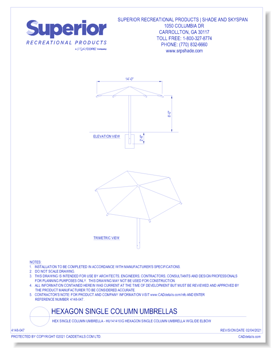 14' Hexagon Umbrella with 10' Height, Glide Elbow™, and In-Ground Mount