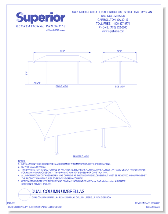 20' x 12' Dual Column Umbrella with 8' Height, Glide Elbow™, and In-Ground Mount
