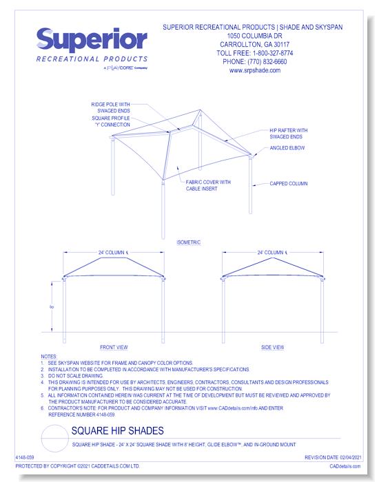 24' x 24' Square Shade with 8' Height, Glide Elbow™, and In-Ground Mount
