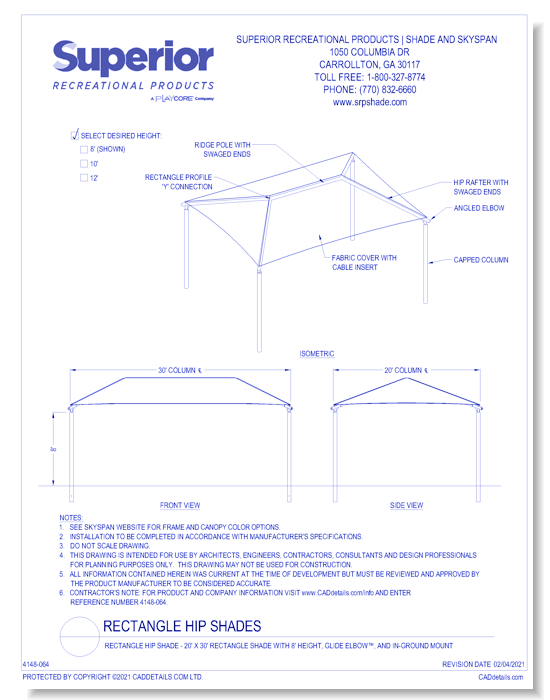 20' x 30' Rectangle Shade with 8' Height, Glide Elbow™, and In-Ground Mount