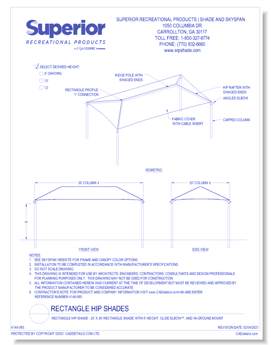 20' x 38' Rectangle Shade with 8' Height, Glide Elbow™, and In-Ground Mount