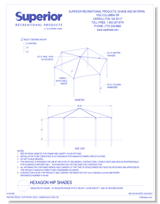 30' Hexagon Shade with 8' Height, Glide Elbow™, and In-Ground Mount