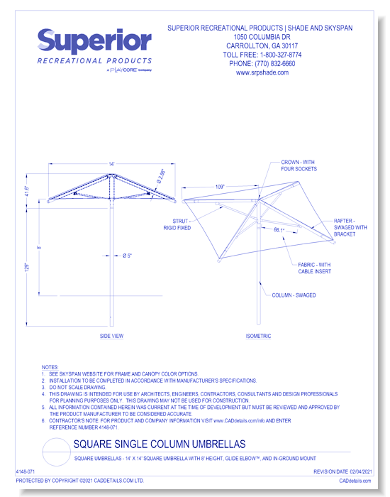 14' x 14' Square Umbrella with 8' Height, Glide Elbow™, and In-Ground Mount