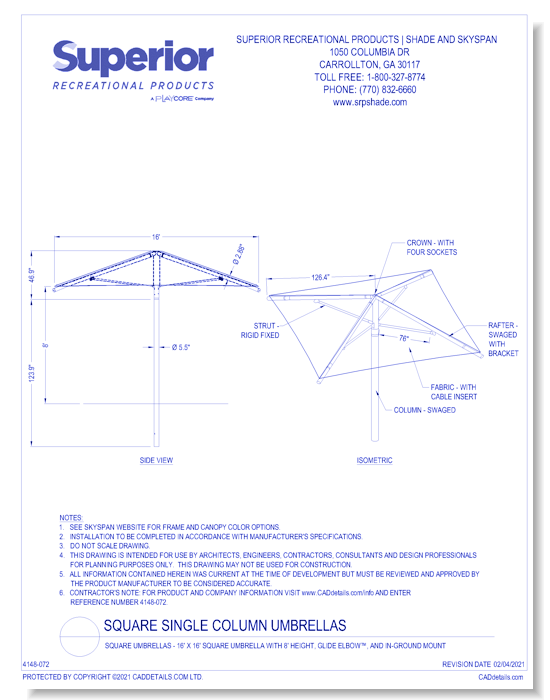 16' x 16' Square Umbrella with 8' Height, Glide Elbow™, and In-Ground Mount