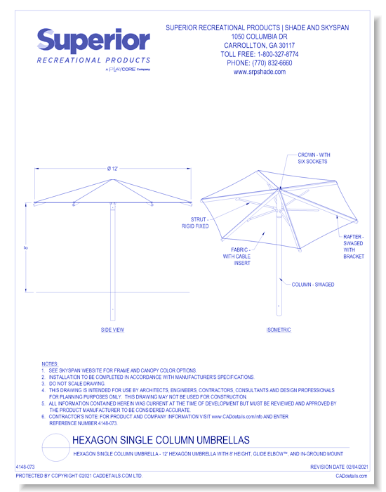 12' Hexagon Umbrella with 8' Height, Glide Elbow™, and In-Ground Mount