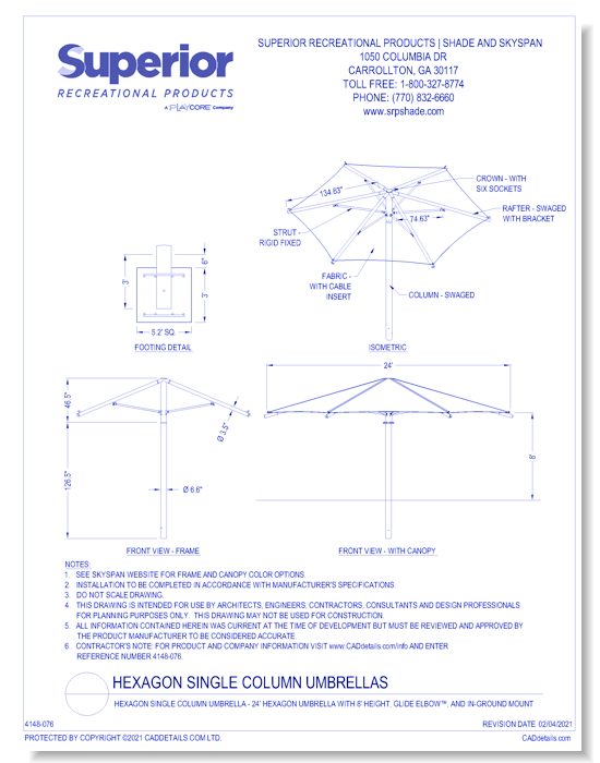 24' Hexagon Umbrella with 8' Height, Glide Elbow™, and In-Ground Mount