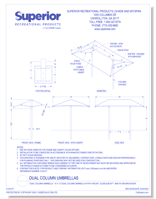 16' x 12' Dual Column Umbrella with 8' Height, Glide Elbow™, and In-Ground Mount