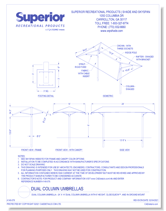 24' x 14' Dual Column Umbrella with 8' Height, Glide Elbow™, and In-Ground Mount