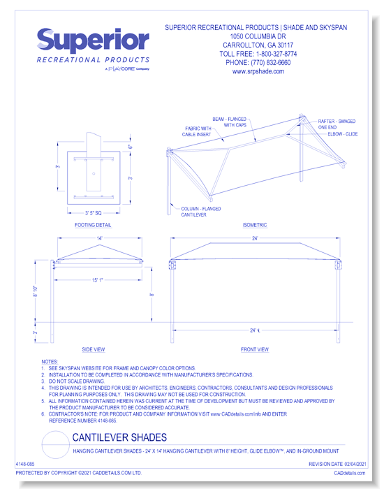 24' x 14' Hanging Cantilever with 8' Height, Glide Elbow™, and In-Ground Mount