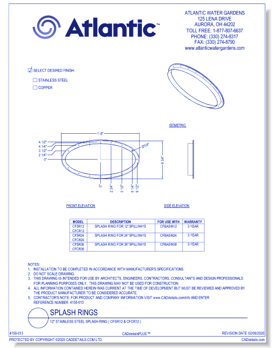 12" Stainless Steel Splash Ring ( CFSR12 & CFCR12 )