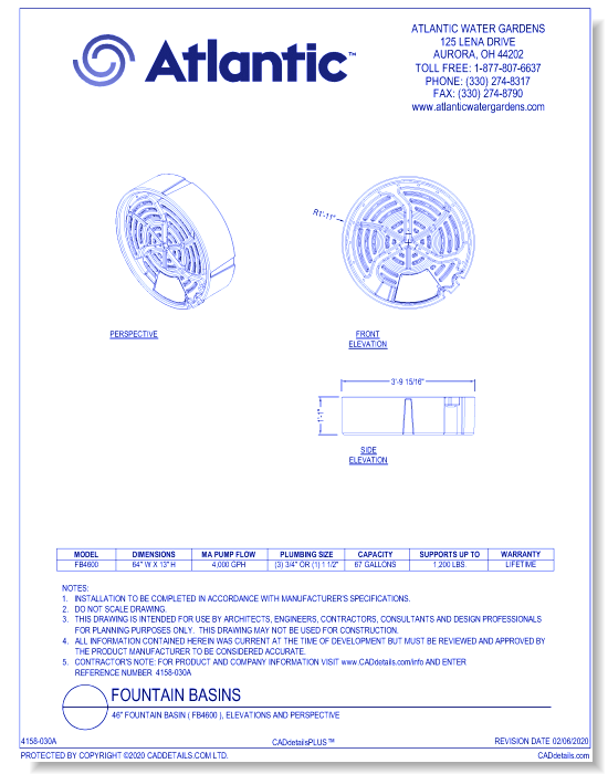 46" Fountain Basin ( FB4600 ), Elevations and Perspective