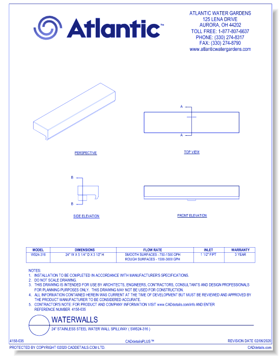 24" Stainless Steel Water Wall Spillway ( SWS24-316 )