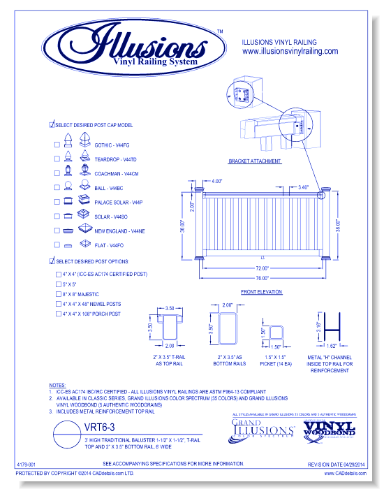 VRT6-3: 3’ High Traditional Baluster 1-1/2” X 1-1/2”, T-Rail Top And 2” X 3.5” Bottom Rail, 6’ Wide