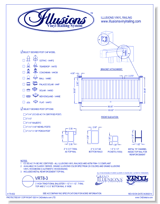 VRT8-3: 3’ High Traditional Baluster 1-1/2” X 1-1/2”, T-Rail Top And 2” X 3.5” Bottom Rail, 8’ Wide